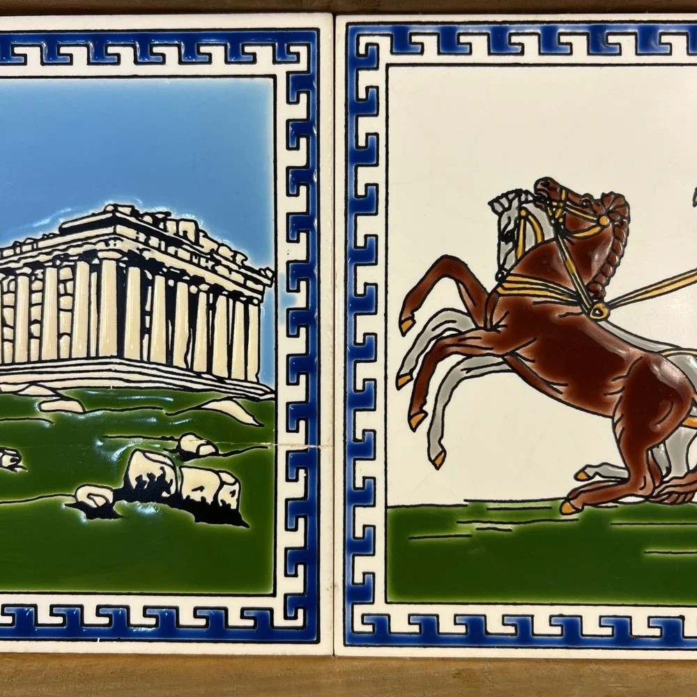 Vintage Greek Ceramic Tile‎ Art Trivet w/ Wood Frame Wooden Tray